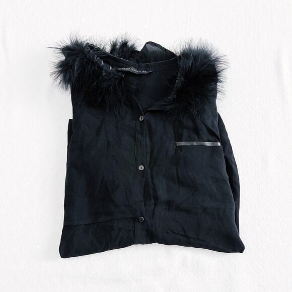 Zara Black Button Down Faux Feather Collar Leather Trim Top SZM - Picture 5 of 6